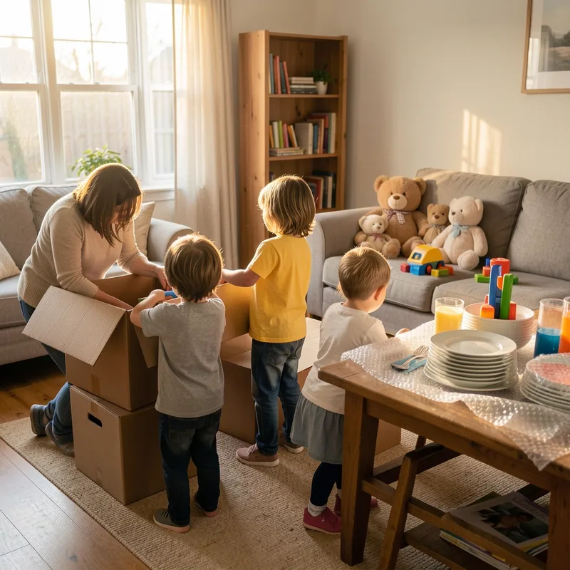 Famille nombreuse rangeant des cartons dans le séjour d un appartement en cours de déménagement