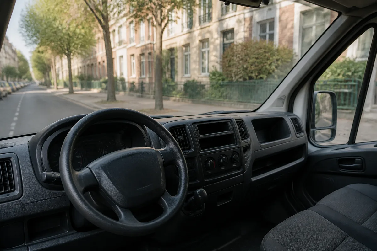 Tableau de bord et volant d&rsquo;un camion utilitaire garé dans une rue résidentielle