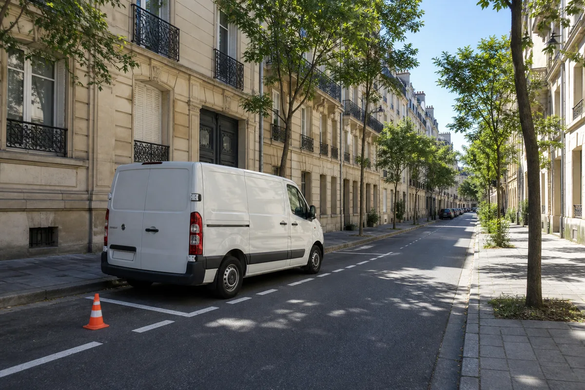 Rue résidentielle parisienne avec un utilitaire stationné devant un immeuble ancien