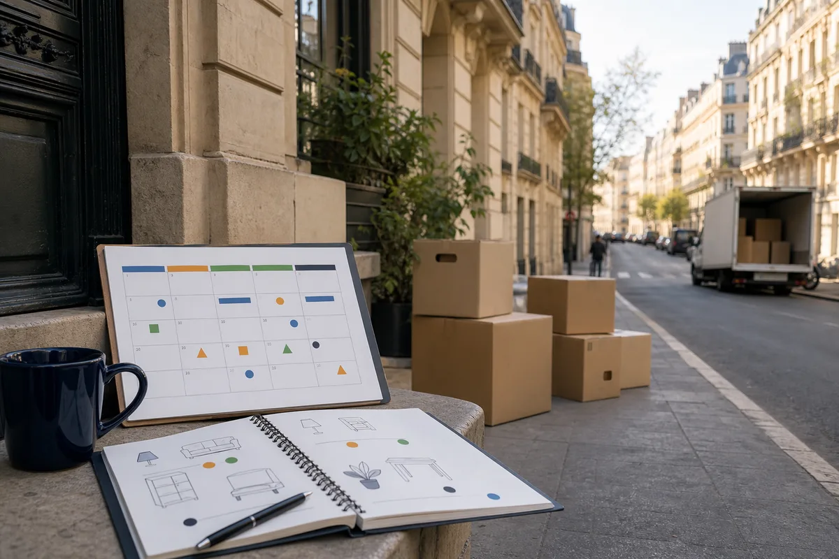 Plan de déménagement annoté avec calendrier et inventaire du logement