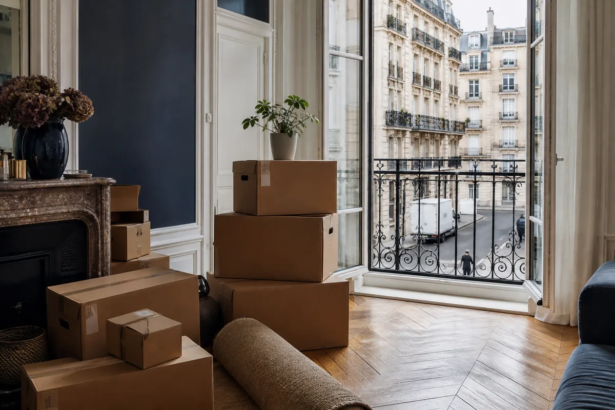 Cartons étiquetés par pièce empilés dans un salon en cours de vidage