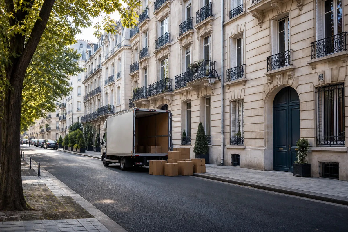 Rue résidentielle bordée d&rsquo;immeubles anciens avec un camion de déménagement stationné