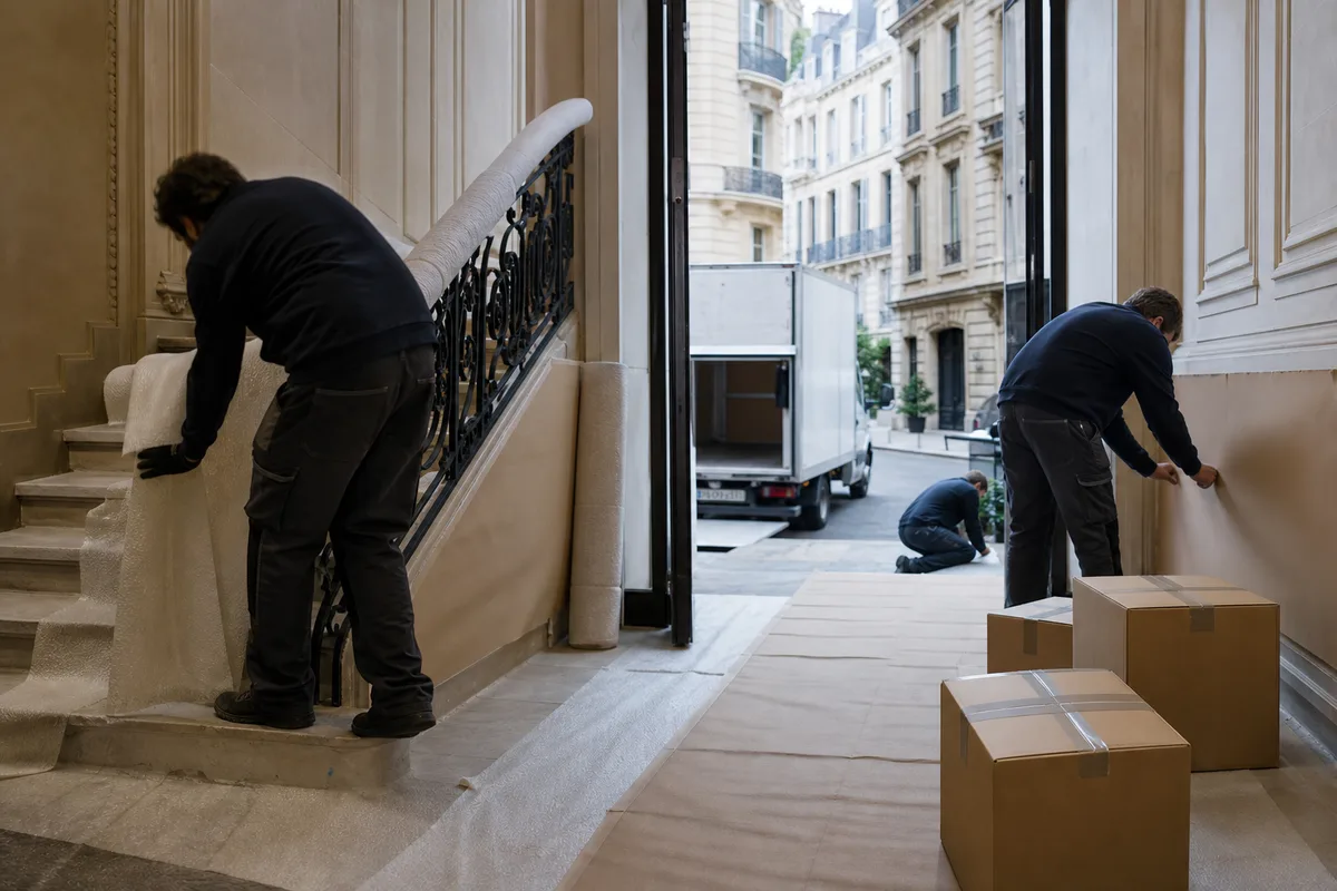 Opérateurs protégeant une cage d&rsquo;escalier avant de descendre des cartons