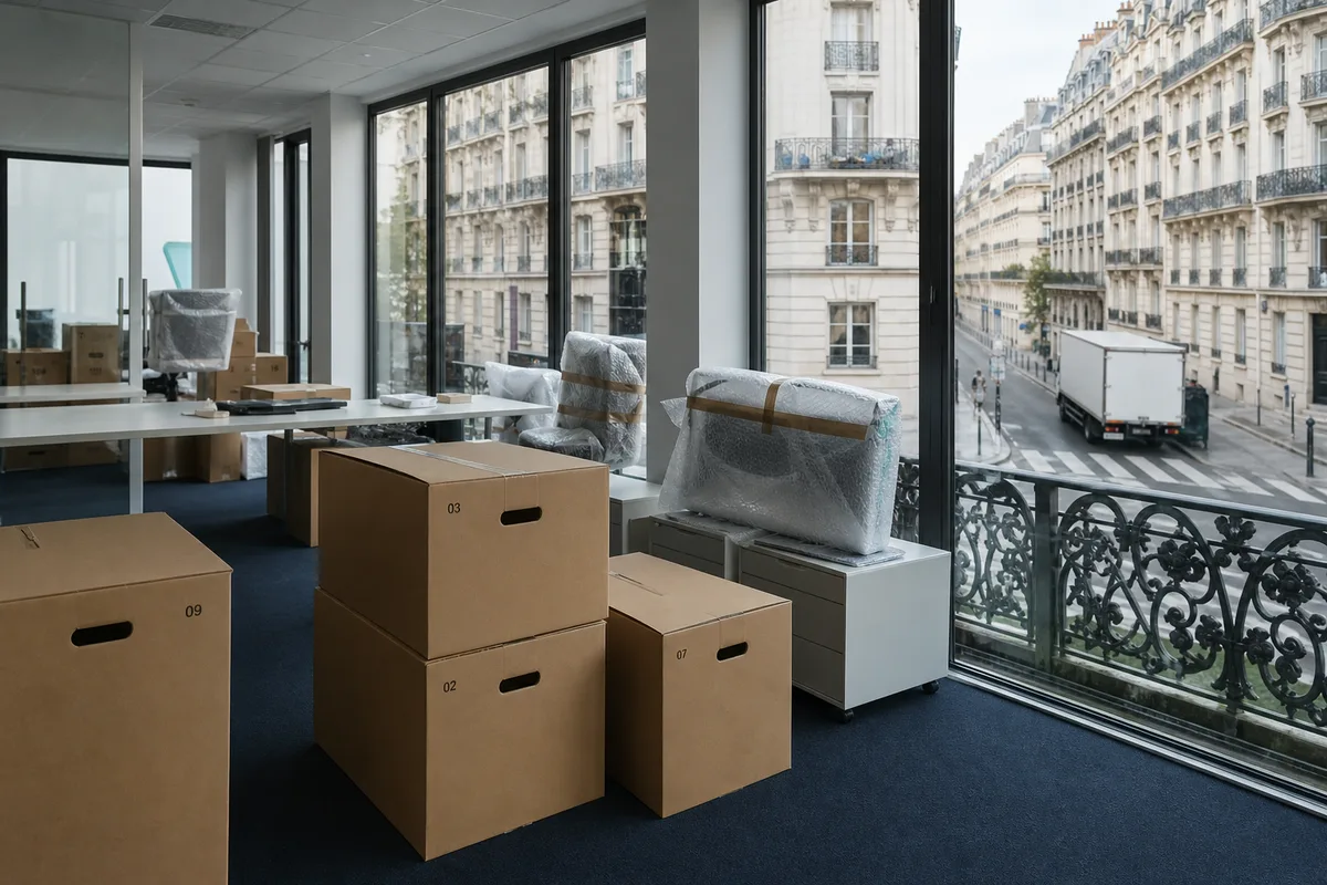 Plateau de bureaux vidé avec caisses de transfert numérotées et postes informatiques emballés
