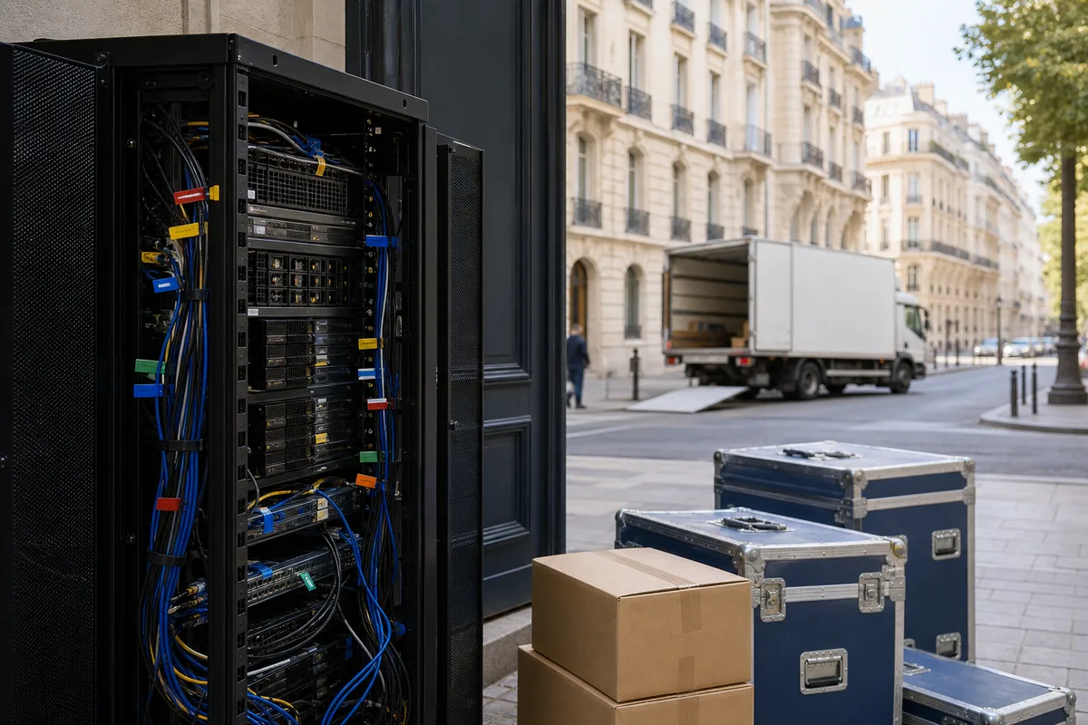 Baie informatique en cours de démontage avec câbles étiquetés et caisses sécurisées
