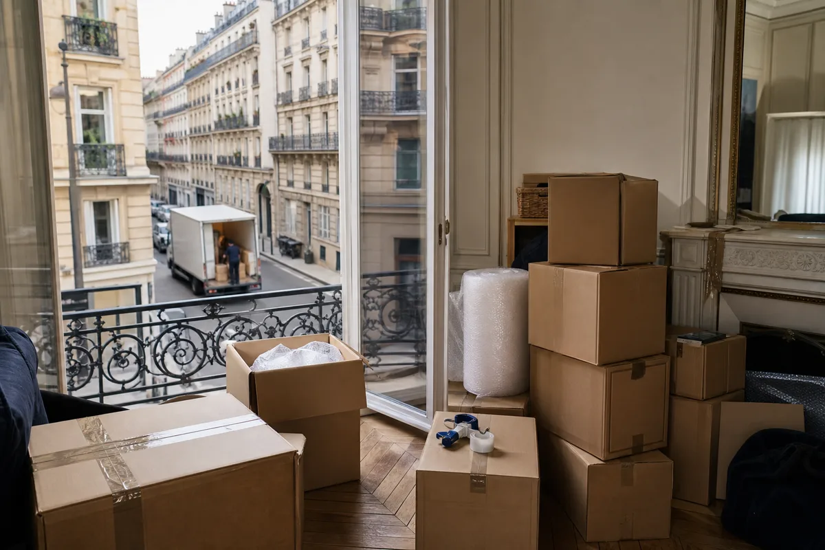 Appartement en cours d&rsquo;emballage rapide avec cartons empilés et adhésif