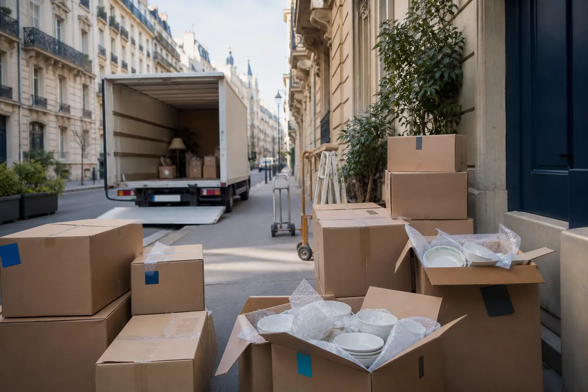 Cartons étiquetés par couleur avec vaisselle protégée par du papier bulle