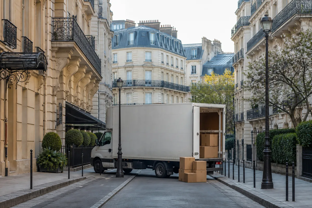 Camion de déménagement manœuvrant dans une rue étroite bordée d&rsquo;immeubles