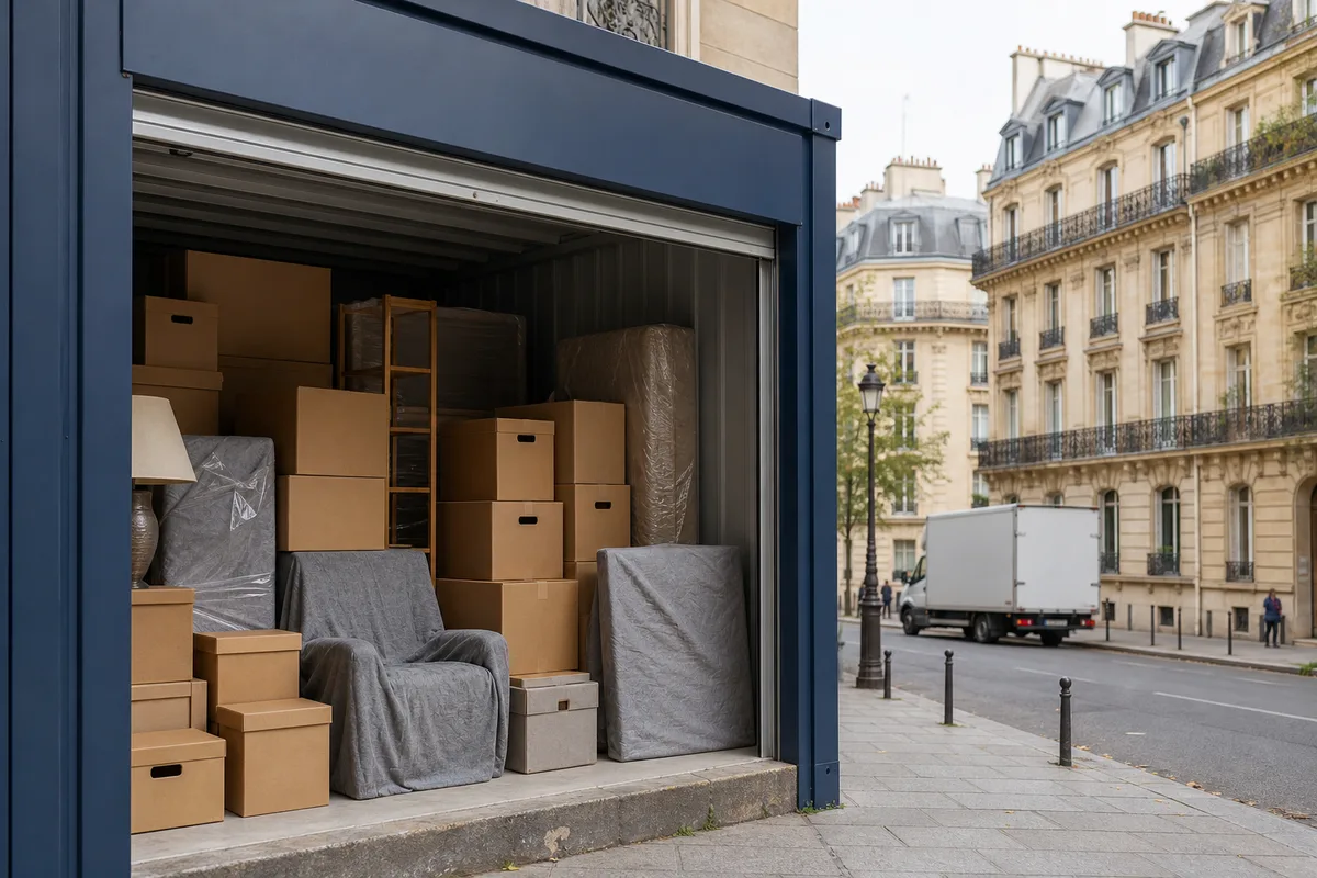 Box de self-stockage ouvert avec cartons et mobilier protégé sous housses