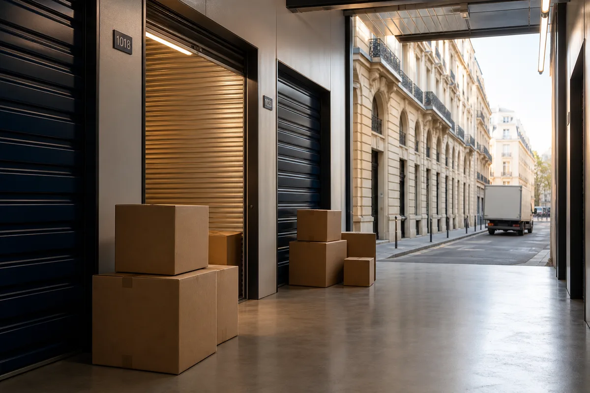 Couloir d&rsquo;entrepôt de stockage avec portes de box numérotées et éclairage