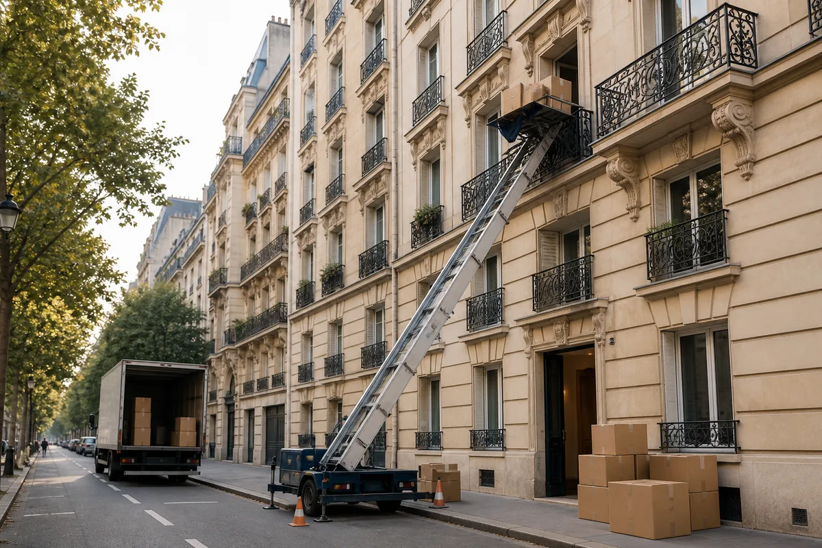 Monte-meuble déployé le long d&rsquo;une façade d&rsquo;immeuble ancien vers un balcon