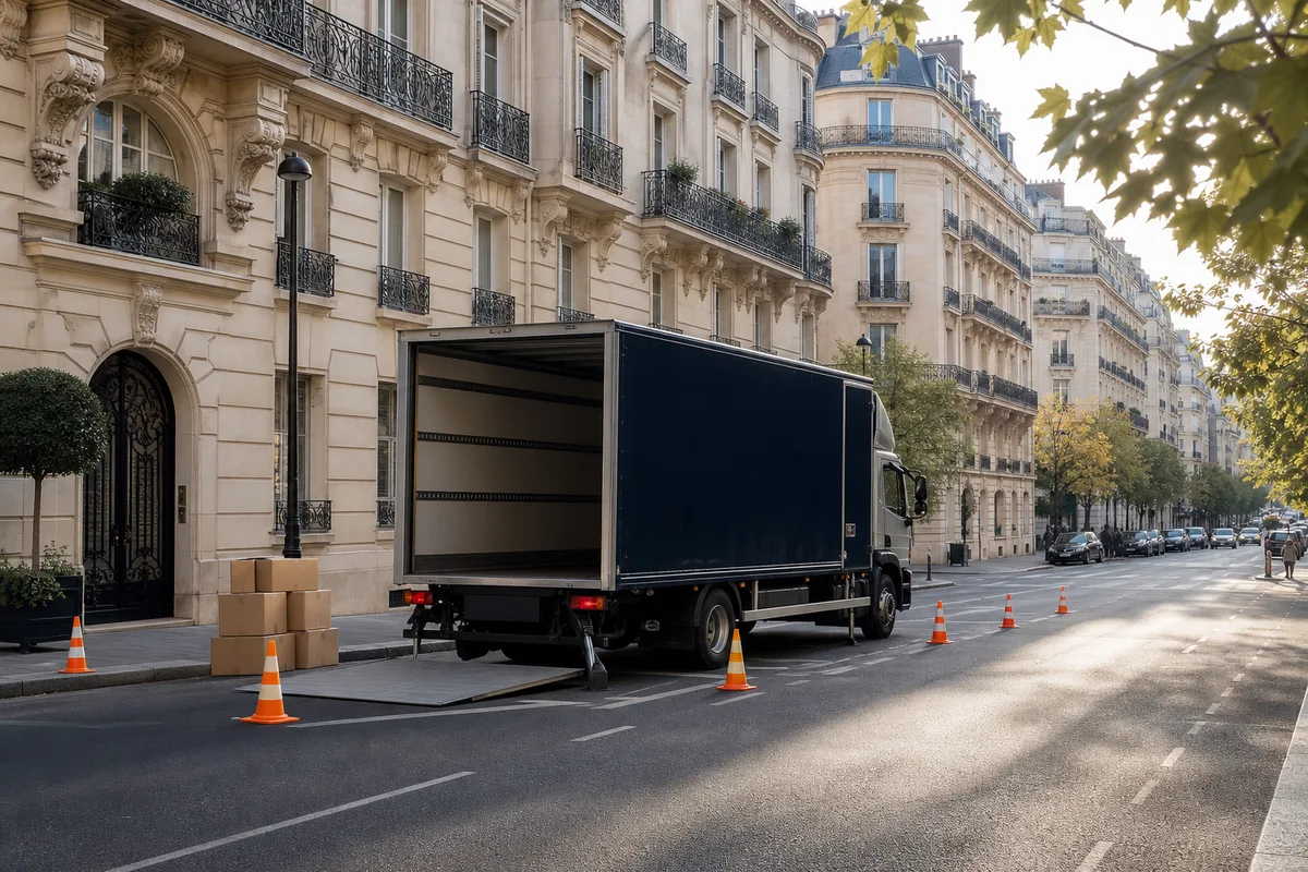 Camion porteur stabilisé sur vérins avec périmètre de sécurité balisé sur la chaussée