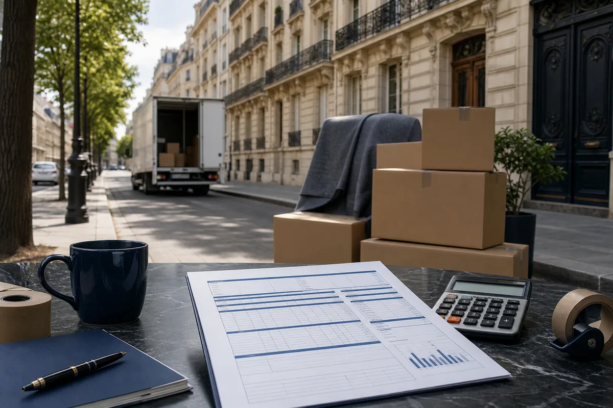 Devis de déménagement détaillé posé sur une table avec calculatrice et cartons